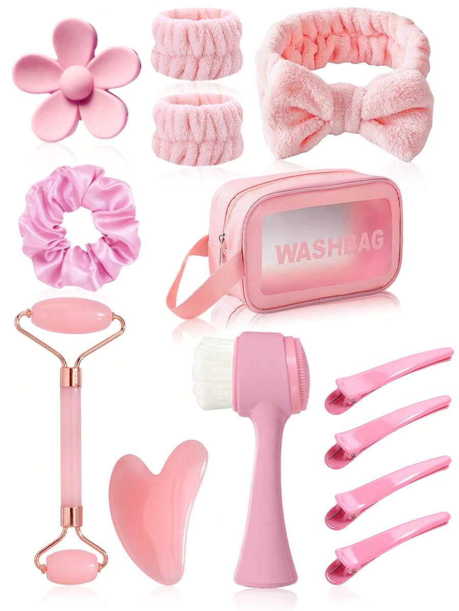 13件套女士粉色护肤化妆工具套装 - 包括洁面刷、刮痧板、面部按摩滚轮、发饰收纳袋，多功能家用美容护理套装 - 粉色美容保養套裝 - 查看 1