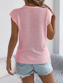 Women's Casual Sexy V-Neck Diamond Pattern Button Drop Shoulder Knit Tank Top, Spring/Summer Pink - Pink - View 2