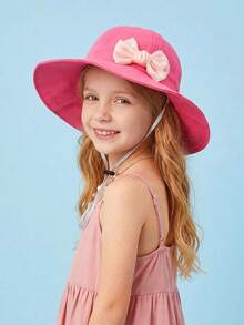 1pc Cute Girls' Pink Bow & Fuchsia Bucket Hat, Wide Brim Kids Summer Hat, Adjustable Chin Strap, Breathable, Quick Dry, Lightweight, Packable, Soft Material, Skin Friendly, Washable, Suitable For Beach, Outdoor Play, Hiking, Camping - 1PC - View 8