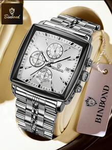 BINBOND Square Design Men's Quartz Watch, Luxury Multifunctional Chronograph Dial, Stainless Steel Waterproof Business Gift Watch For Men - Black and White - View 2