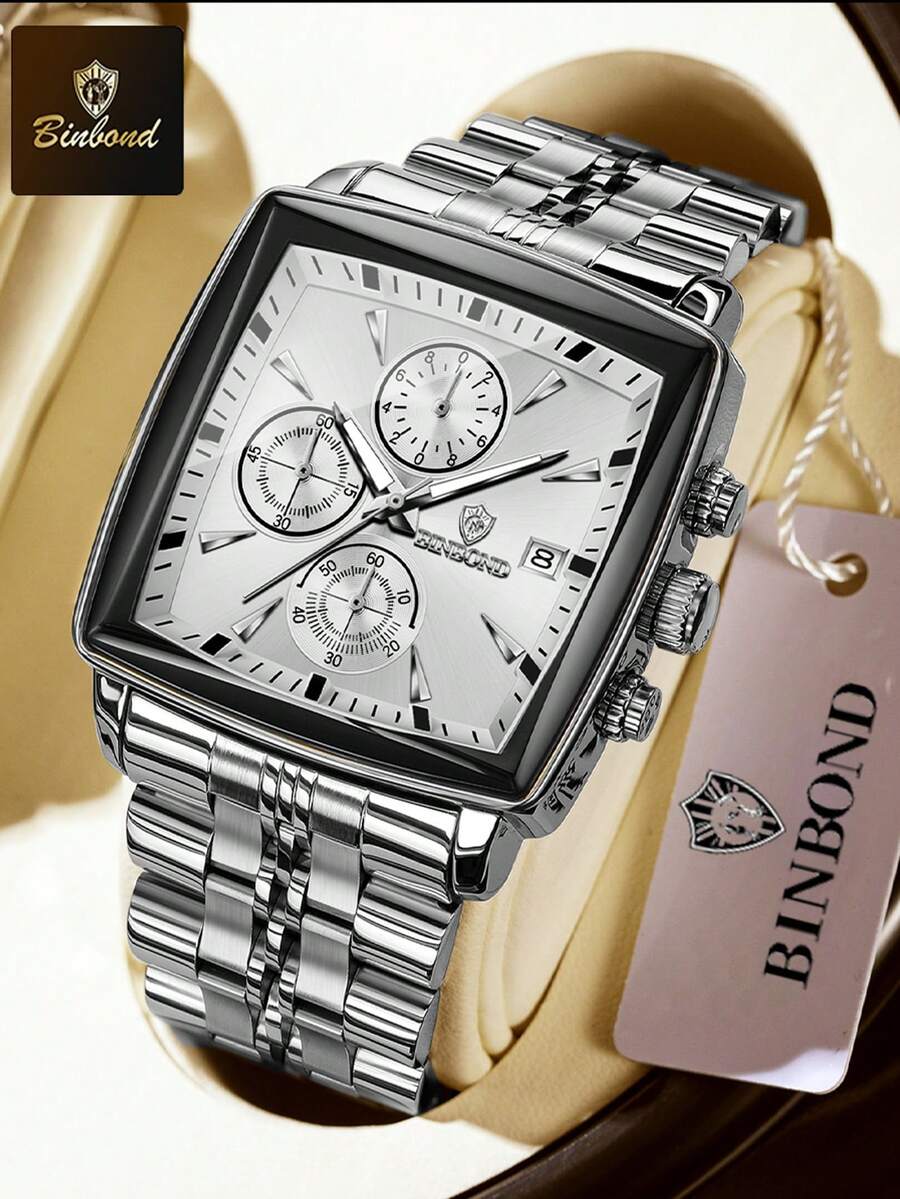 BINBOND Square Design Men's Quartz Watch, Luxury Multifunctional Chronograph Dial, Stainless Steel Waterproof Business Gift Watch For Men