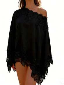 Blusa de mujer con un solo hombro, elegante, de color liso, con ribete de encaje, manga larga y corte holgado, de satén, ideal para uso diario informal. - Negro - Ver 6