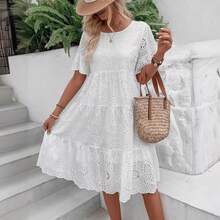 Woman Casual Women's Embroidered Hollow Short Sleeve Round Neck Ruffle Sleeve Waist Dress - 白色 - 查看 5