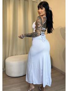 Vestido Branco Longo Elegante Suplex Feminino de Ajuste Com Decote Lateral Costas Nuas - Branco - Visão 3