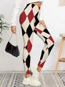 Women's Leggings Red Black Harlequin Diamond Pattern Jester Carnival Retro Party Apparel Vintage Style Graphic Tee Fashionable Summer Top Yoga Leggings For Ladies - 彩色 - 查看 2