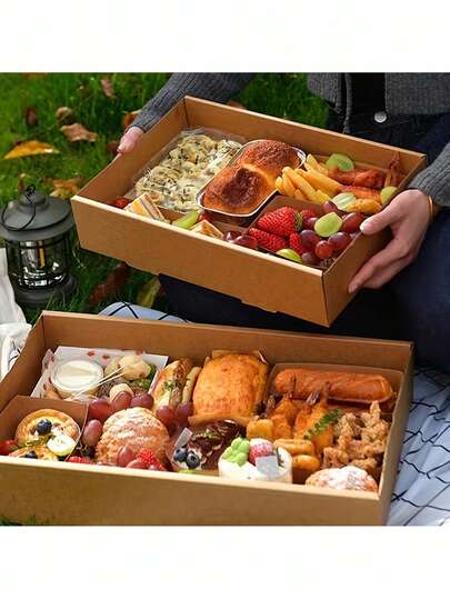 6pcs Kraft Paper Picnic Boxes, Durable Disposable Containers, Portable For Snacks, Desserts, Cakes And Fruits, Suitable For Parties, Weddings And Camping