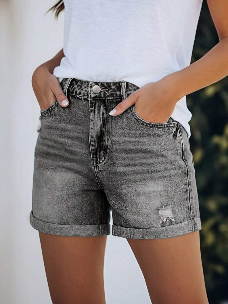 Washed Faded Solid Color Women's Short Casual Vacation Denim Shorts, With Practical Zipper And Pockets, Rolled Hem, Straight Leg Summer - Light Grey - View 1