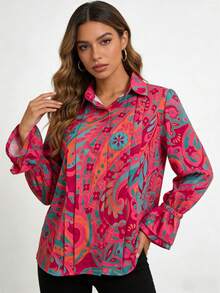 Women's Retro Vivid Floral Blouse - Vibrant Pink And Teal Abstract Print Shirt With Ruffle Trim Placket And Feminine Flared Ruffled Cuffs Tops - 紅色 - 查看 2