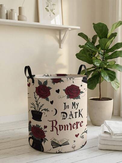 1pc Floral Print Foldable Large Capacity Round Storage Basket With Handle, Multi-Purpose For Bathroom, Bedroom, Laundry, Toys, Household Items, Collapsible Dirty Clothes Hamper, Storage Bin