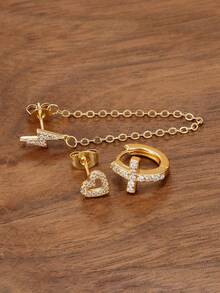 3PCS Luxury Lightning Vertical Tassel Chain Long Ear Stud Sets For Woman 18K Gold Plated Zirconia Cross Hoop Earring Cartilage Piercing Jewelry - 3PCS-gold - View 3