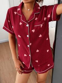 Dreamivo Striped Heart Print Women Short Sleeve Shorts Pajama Set - Red - View 5
