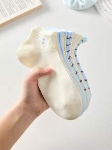 5 Pairs Women's Casual Short Socks, Heart & Butterfly Striped Pattern, Mesh Boat Socks, Fashion Versatile, Minimalist Comfortable, Soft Breathable, Suitable For Spring, Summer, Autumn, Random Colors - Multicolor - View 10