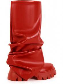 Women's Platform Round Toe Mid Calf Boots With Chunky Heel - M-red - View 6