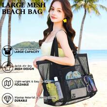 Bolsa de playa grande de malla con bolsillo con cremallera, esencial para viajes familiares, vacaciones y cruceros - Negro - Ver 4