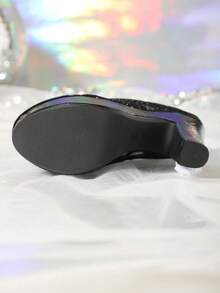 Giày cao gót ren đính đá mới mùa thu 2024 dành cho nữ, màu trắng thanh lịch, chống thấm nước, đế dày, mũi tròn. - màu đen - Xem 7