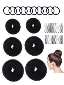 Bộ 6 dụng cụ tạo búi tóc gồm: cỡ cực lớn, lớn, vừa và nhỏ, 20 kẹp tóc lớn và 10 dây buộc tóc màu đen dành cho tóc dày. - Nhiều màu - Xem 2