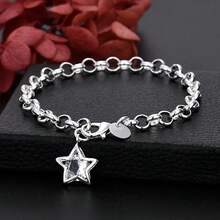 Vòng tay bạc 925 mạ vàng cổ điển đính pha lê hình ngôi sao lấp lánh dành cho nữ, trang sức thời trang thiết kế độc đáo, quà tặng dự tiệc cưới. - Bạc - Xem 2