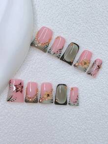 10 piezas Conjunto de uñas postizas con pico de pato estilo Y2K - Hechas a mano, uñas rosas, uñas negras, uñas con puntas francesas verdes, uñas con flores negras dibujadas a mano y ramas de flores negras, arte de uñas con flores negras, uñas dibujadas a mano, decoración con piedras de imitación doradas y flores doradas - Multicolor - Ver 2