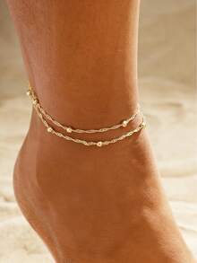 1pc Elegant Metallic Beaded Anklet, Suitable For Women, Perfect Accessory For Beach Vacation Or Wedding Party - Gold - View 3