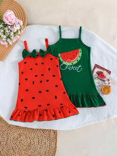 Bộ 2 váy không tay in hình dưa hấu cho bé gái, bộ váy hè nhiều màu sắc dễ thương.