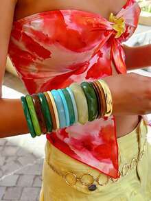 Random 16/12/8/4/1 Pcs Vintage Elegant Bohemian Summer Vacation Daily Geometric Asymmetrical Blue Green Pink Colorful Acrylic Resin Tie Dye Bangles Cuff Bracelets Set, Carved Textured Gold-Tone Wide Bangle Bracelet Jewelry Set, Y2K Cute Accessories Suitable For Women Daily, Beach, Party, Birthday, Gift - Multicolor - View 5