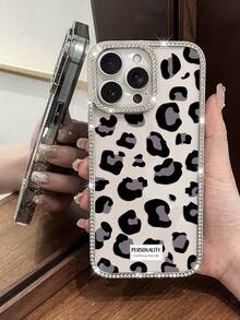 1pc Fashionable Leopard Print Silver Phone Case, Embedded With Shiny Crystals And Plated Edges, Designed For IPhone 17 Pro Max, 16 Pro, 15 Pro Max, 14 Plus, And 13 Pro Models, Perfect Gift For Friends And Loved Ones - Silver - View 4