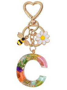 1pc Initial Letter Cute Bee & Flower Keychain, Heart Shaped Daisy Keyring Accessory, Decoration For Women Handbag Gift - Color - View 17