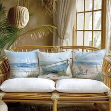 Conjunto de 4 capas de almofada decorativas minimalistas com estampa aquarela azul do oceano, barco à vela e gaivota. Confeccionadas em veludo de poliéster cor pêssego com estampa em um lado. Tamanho 45*45cm. Ideais para sofás modernos de tecido, decoração de interiores, festas e como presente. - Multicolorido - Ver 3