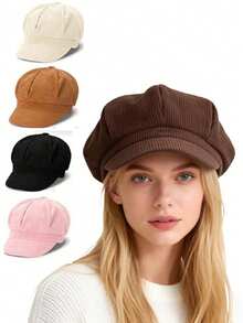 1pc Unisex Retro Corduroy Newsboy Cap, Spring/Summer Painter Hat, Travel Cabbie Hat - Multicolor - View 1