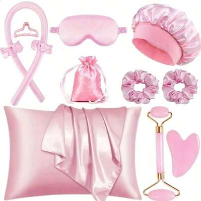 12 pièces Ensemble d'outils de coiffure et de sommeil, comprenant 1 pièce fer à friser, 1 pièce taie d'oreiller, convient pour un ensemble de taille reine, ensemble de frisage sans chaleur, friseur de nuit, 1 pièce masque de sommeil