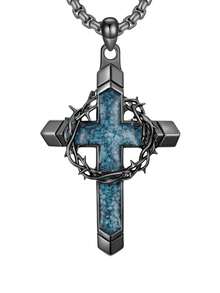 1pc Thorn Wrapped Cross Faux Turquoise Necklace, Hollow Black Punk Style, Suitable For Men's Party, Daily Wear, Music Festival - Black - View 2