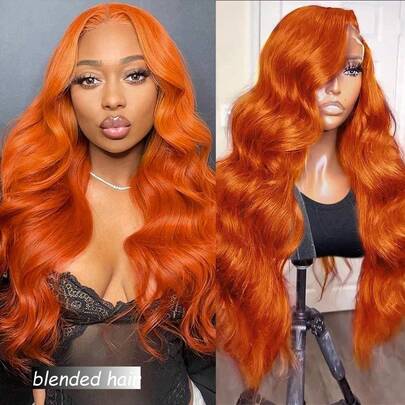 34 Inch Super Double Drawn Bouncy Loose Body Wave 13X4 HD Lace Frontal Human Blended Hair Wigs Spring Curly Hair Lace Front Wigs 180% Density Ginger Orange 350