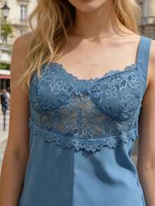 Women's Lace Patchwork Tank Tops Summer Fashionable V Neck Ruffle Hem Going Out Vest - Blue - View 2
