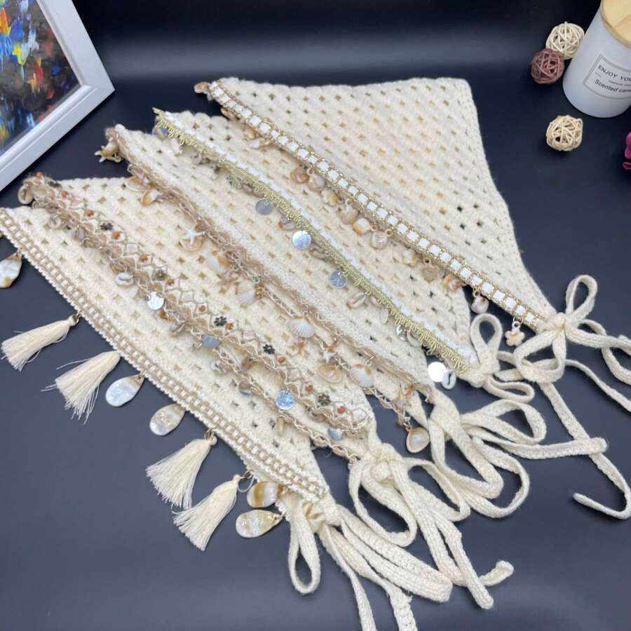 1pc Bohemian Style Korean Hollow Woven Shell Tassel Scarf, Women Summer Decorative Shawl Versatile Wrap, Ladies Beige Ocean Shell Tassel Knitted Hollow Lace Triangular Headband, Suitable For Daily Wear, Sports, Beach, Vacation