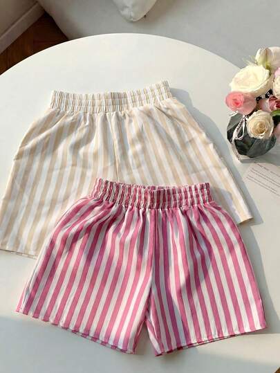 2pcs/Set Young Girl' Striped Shorts Set, Casual Home Shorts, Pink White/Blue White Vertical Stripe