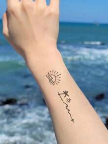 1pc Temporary Tattoo Sticker, Minimalist Line S And Universe Symbol Pattern Tattoo Sticker, Personalized Herbal Temporary Tattoo Sticker, Washable Temporary Tattoo PVC Fashion Tattoo Sticker Suitable For People, Lasts 3-5 Days - Black - View 4