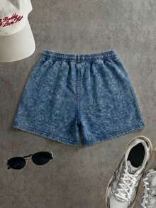Conjunto mujer 100% algodón, estilo acid wash, camiseta de manga corta y shorts con ajuste de cordón y ESTAMPADO corazon imitación perla. - Azul Marino - Ver 3