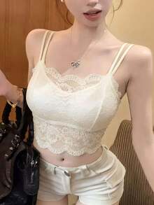 Novo top de alcinha de renda pura, fofo e sexy, com bojo, para a volta às aulas na primavera/verão. Cor sólida. Ideal para o dia a dia. - Damasco - Ver 1