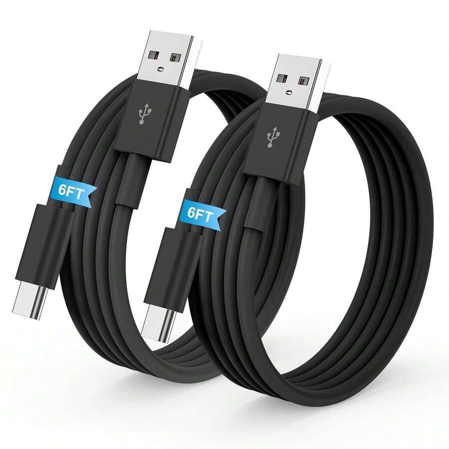 2pcs 6ft USB A To USB-C Charging Cable, Universal High Quality Durable, Anti-Tangle, Fast Charging And Data Sync Cable, Compatible With Samsung Galaxy S26 S24 S23 S22 S21 S20, A Series, Note Series, CarPlay, Pro Air, Android Phones, Essential Car Accessories For Summer Travel - Black - View 1