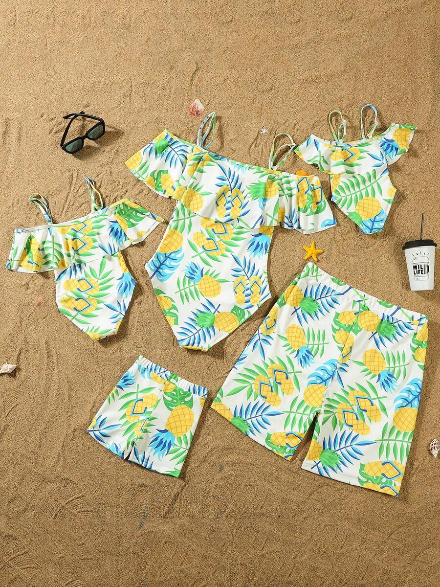 Family Matching Swimsuit Pineapple Print Ruffle Hem One Piece Bathing Suit Women Kids Girls Beachwear Swim Trunks Men&Boys Swimwear For Whole Family - 女孩 - 查看 1