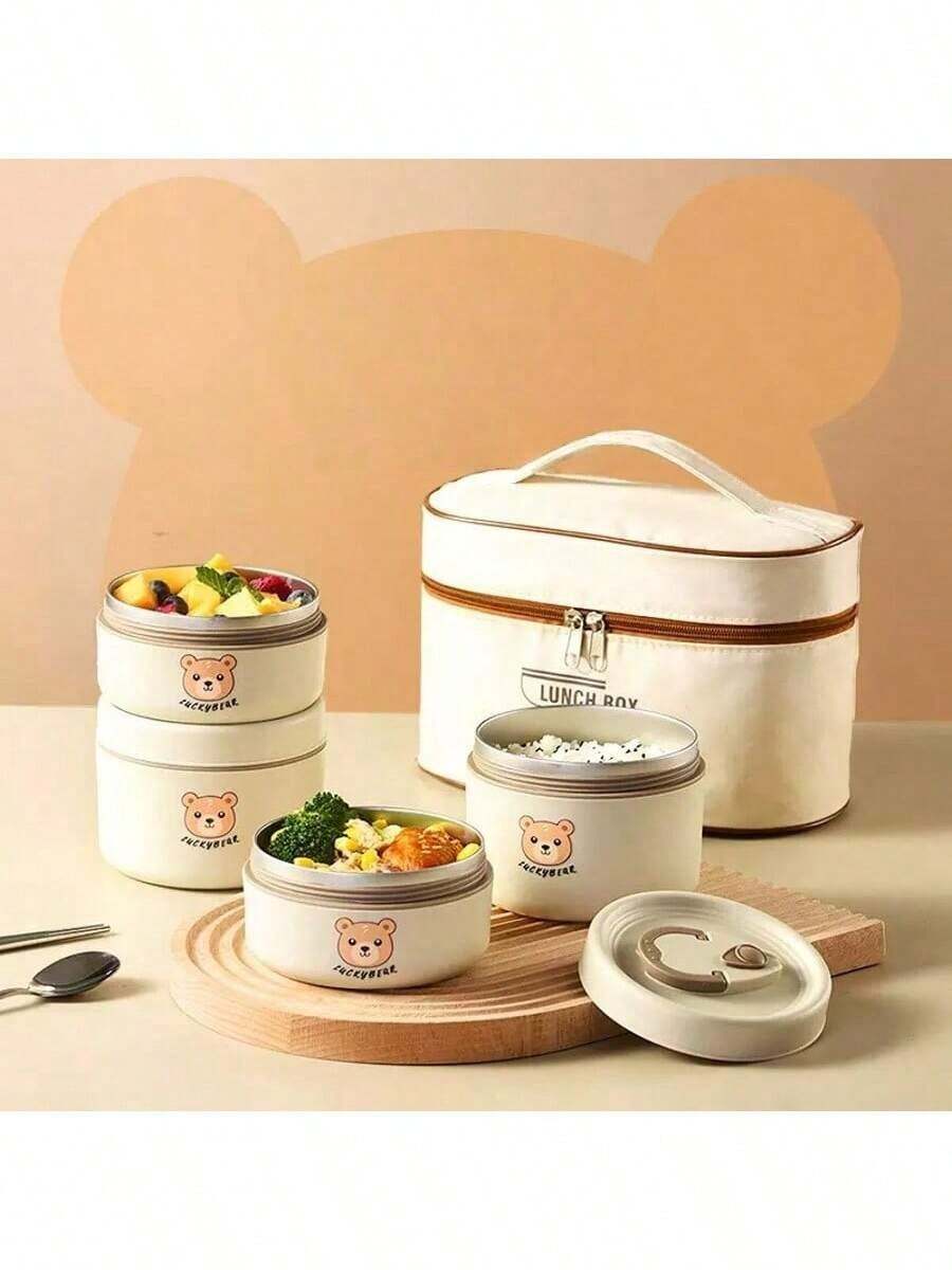 Caja de almuerzo aislada de acero inoxidable con tazón para sopa apto para microondas con diseño de oso lindo - Caja bento portátil de múltiples capas, adecuada para estudiantes y trabajadores de oficina - Multicolor - Ver 1