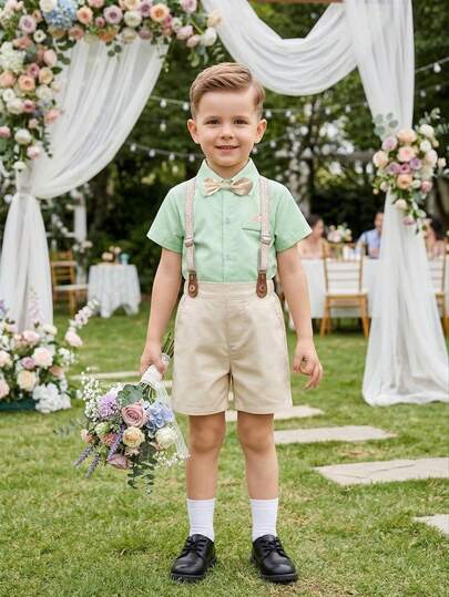 BOARNSEORL 2 piezas Conjunto de caballero para niños pequeños - Camisa de manga corta con cuello y corbata de moño, y pantalones cortos con tirantes, elegante y estiloso para fiestas, reuniones, bodas y portador de anillos