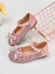 Nuevos zapatos de estilo Mary Jane con diamante de imitación de moda para niños, zapatos de princesa para niños con lazo de perlas y brillo rosa - Rosa - Ver 1