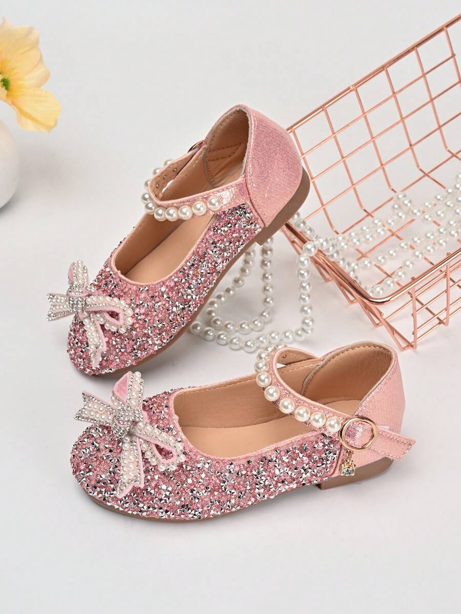 Nuevos zapatos de estilo Mary Jane con diamante de imitación de moda para niños, zapatos de princesa para niños con lazo de perlas y brillo rosa - Rosa - Ver 1