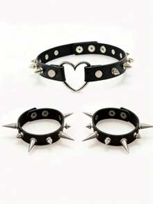 1 Set Black Leather Rivet Decor Choker & Bracelet Combo, Sexy Edgy Personalized Jewelry For Party, Music Festival, Street Punk Style, Layered Outfit Accessory, Holiday & Birthday Gift - A - View 7