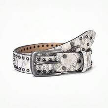 1pc Men's Gothic PU Belt | Rivet Buckle With Square Beads And Double Row Studs,Original Cross Skull White Leopard Print Belt Rivet Punk Y2K Style Nightclub Match - Multicolor - View 6