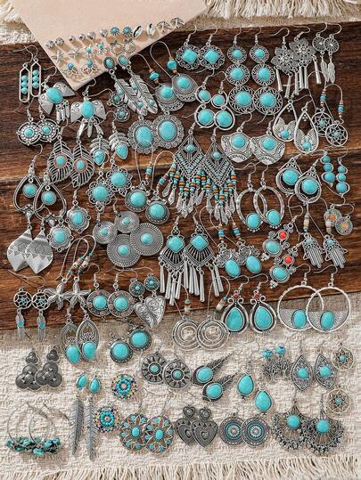 TopHanqi Conjunto de aretes de turquesa al azar para mujeres, aretes de metal geométricos vintage desgastados en plata, adecuados para uso diario, viajes, fiestas y todas las estaciones