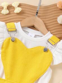 2pcs Toddler Girls Casual Outdoor Ribbed Flutter Sleeve Top & Corduroy Overalls Set, Mid-Weight, Spring/Summer - Yellow - View 4
