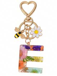 1pc Initial Letter Cute Bee & Flower Keychain, Heart Shaped Daisy Keyring Accessory, Decoration For Women Handbag Gift - Color - View 36