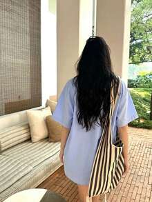 Bluză de damă cu mânecă scurtă și guler cămașă culoare solidă, casual, lungă, lejeră, cu nasturi frontali - Albastru - Vizualizare 4